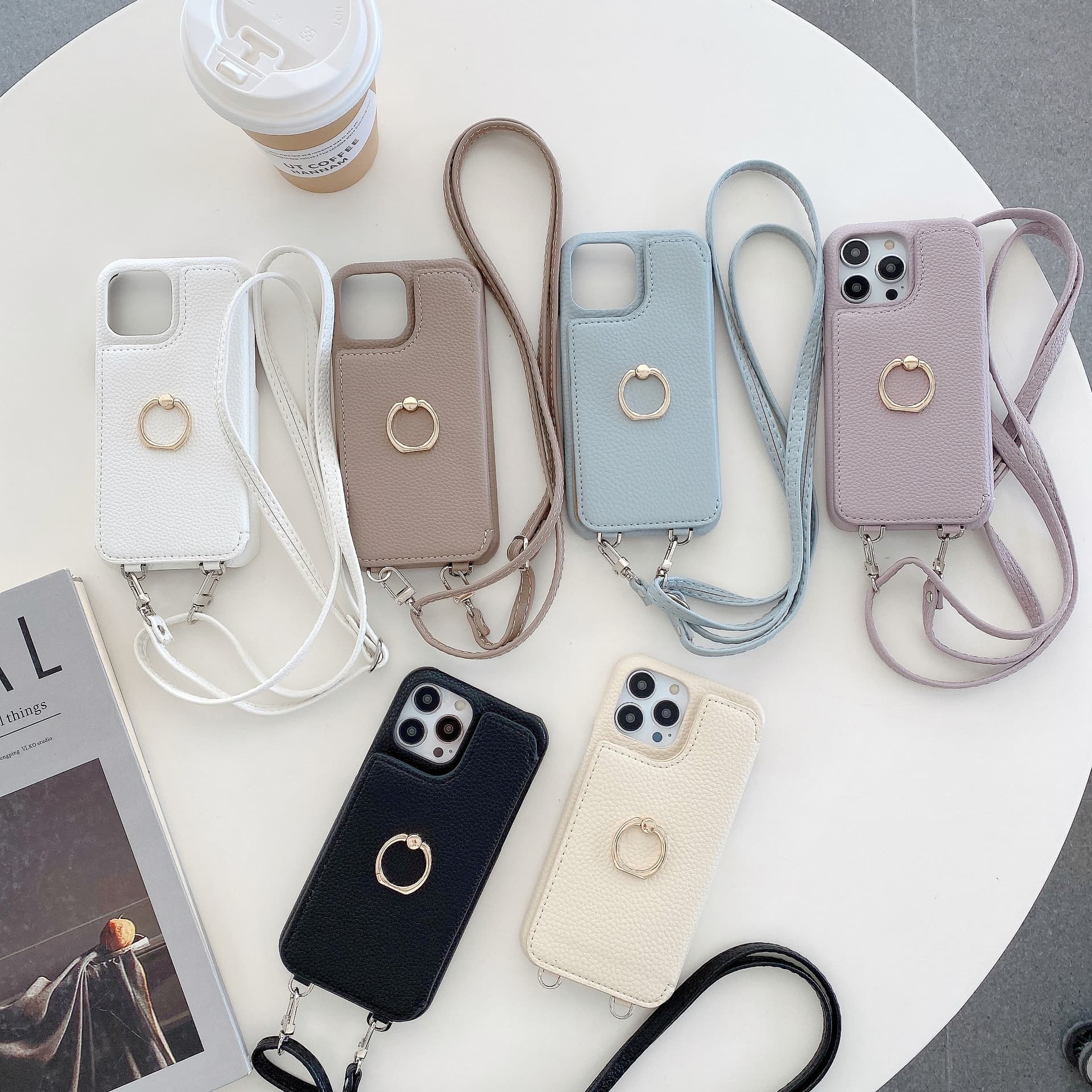 Compatible with iPhone 18 Pro Max Case, Apple 16 Pebble Grain Card Slot Beauty Mirror Crossbody Strap Leather Case for Export