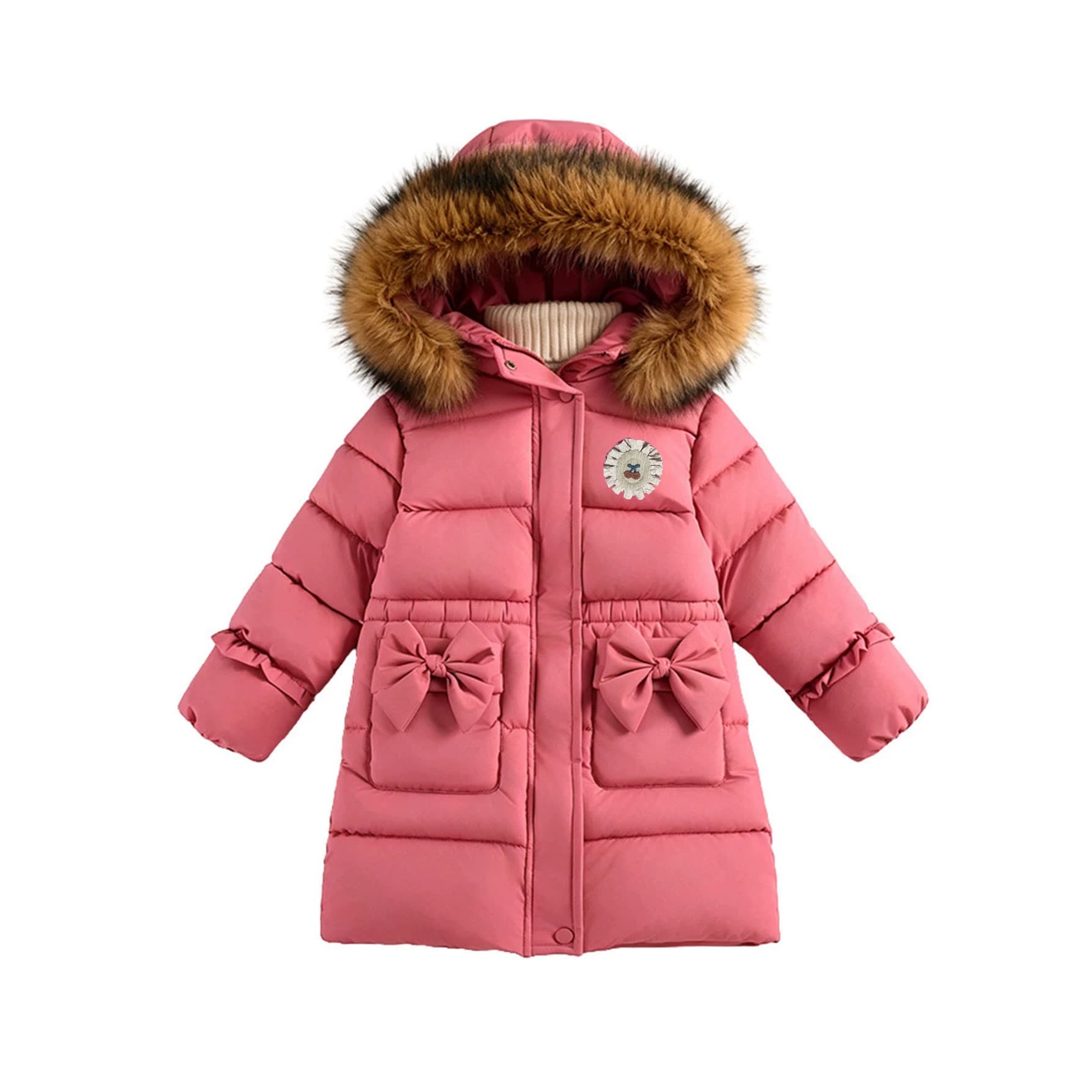 Girls Winter Coat Long Quilted Jacket European American Style Thick Warm Big Fur Collar Cotton Padded Coat
