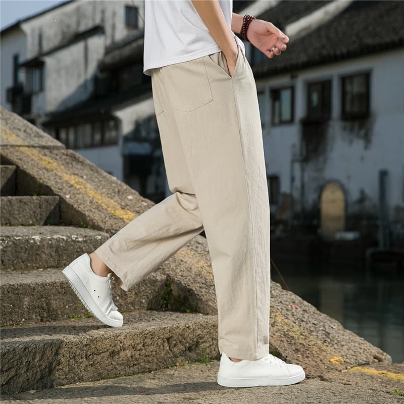 Linen Nine-Tenths Pants for Men, Summer Lightweight, Chinese Style, Linen Cotton Trousers, Loose Straight Leg, Solid Color Casual Pants