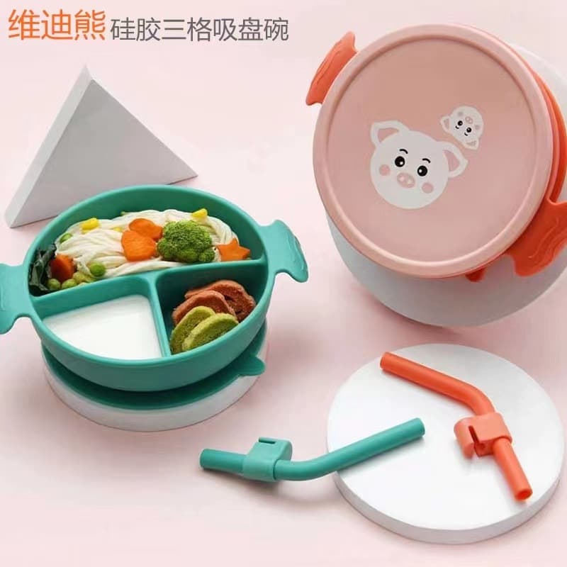 Vidibear Baby Silicone Suction Bowl Toddler Drop-Proof with Straw and Handles 3-Compartment Plate Cartoon Tableware for Kids