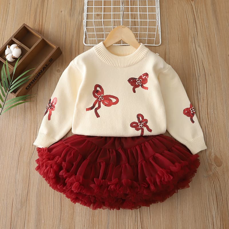 2026 Autumn/Winter New Girls Knit Sweater Set with Sequins Two-Piece Top and Tutu Skirt