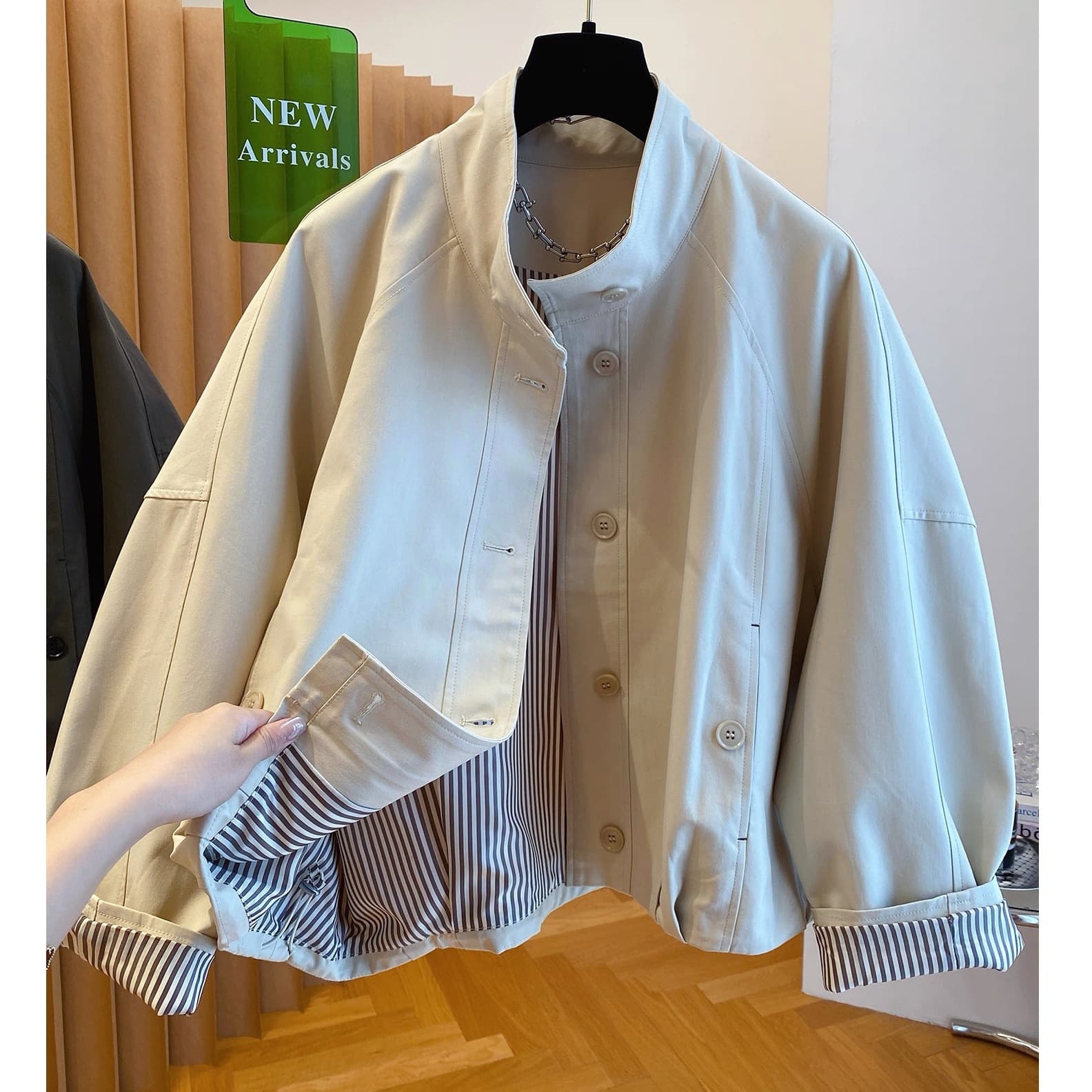Korean-style stand-up collar contrasting workwear jacket for women autumn new windbreaker Hong Kong style casual and popular