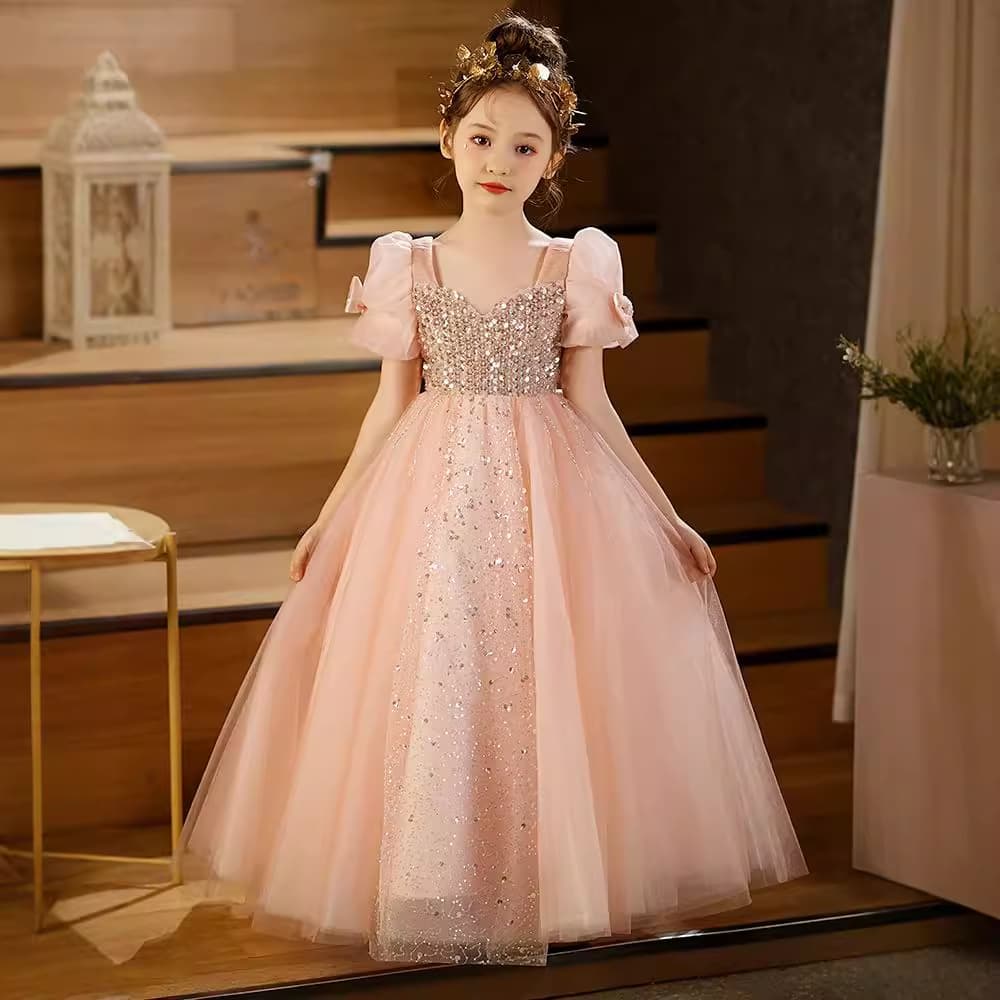 Girls dress, children's light luxury fashion princess dress, pink girl host piano performance dress, birthday evening dress