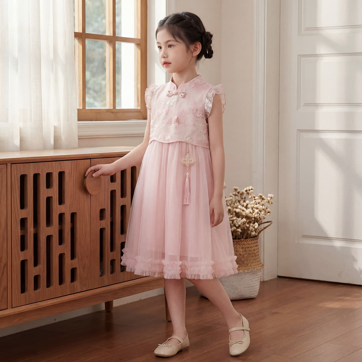 Girls' Dress Children's Chinese Style Skirt 2026 New Mid-Large Kids New Chinese Style Tulle Dress Summer Qipao Dress for Girls