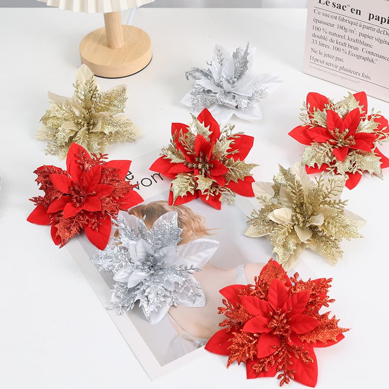 Cross-border Hot Sell Christmas Poinsettia Accessories, Holiday Decorations, Tree Ornaments, Gold-dusted Plastic Simulation Flowers