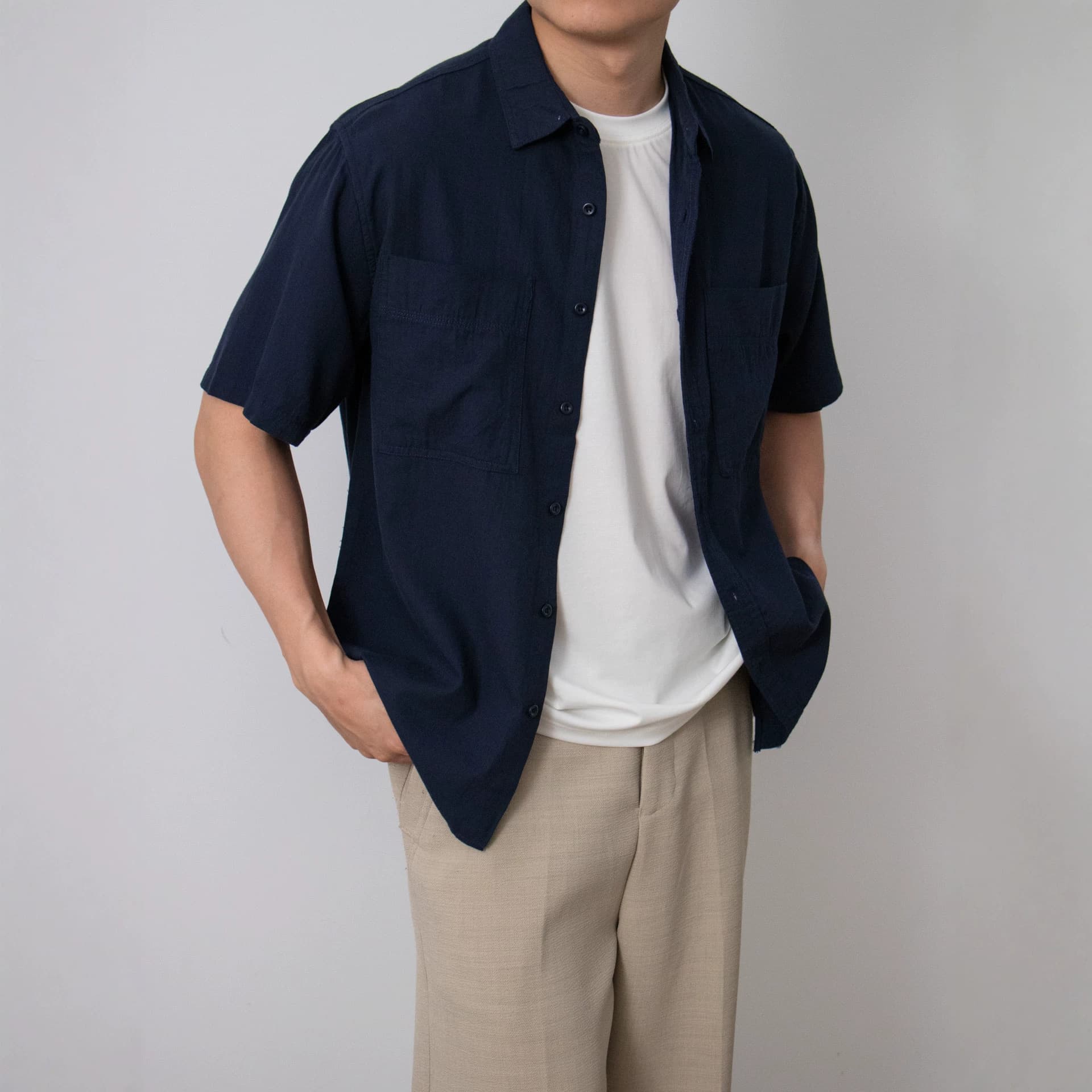 Nengmeng Japanese work style double pocket short-sleeved shirt men's summer breathable solid color simple versatile men's shirt