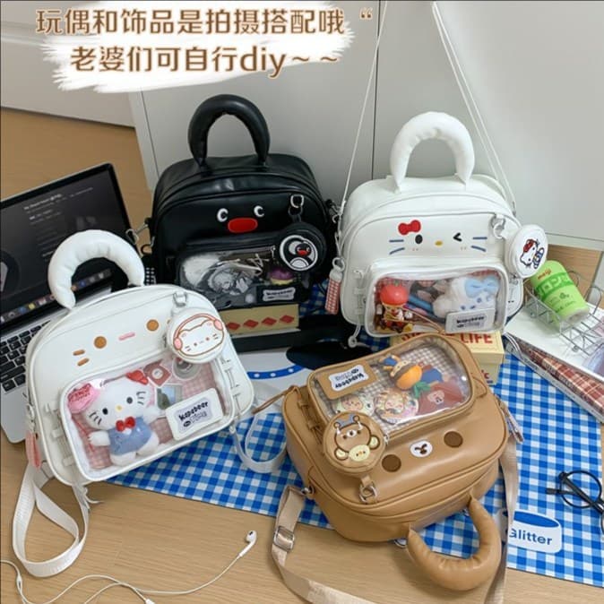 Two-dimensional small food backpack Japanese brown bear transparent pain bag large capacity college style crossbody shoulder bag
