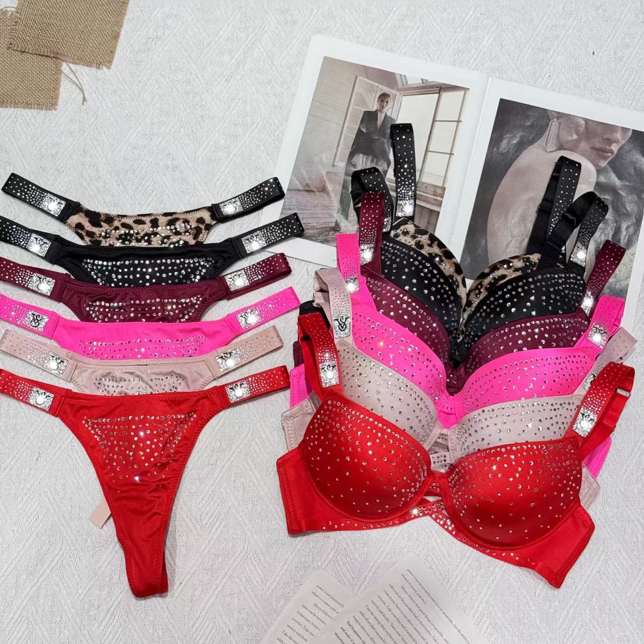 Cross-border Hot Selling Victoria's Secret Full Diamond Bra Women's Sparkle Rhinestone Sexy Strap French Style with Padded Thick Set