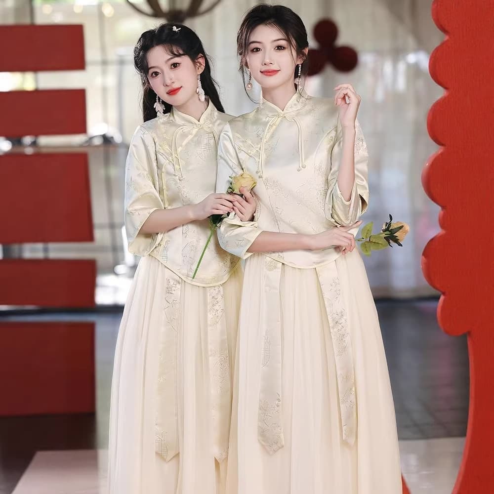 2026 New Autumn-Winter Chinese-Style Bridesmaid Dress Long Sleeve Traditional Sister Dress Plus Size Xiuhe Dress Women Slimming