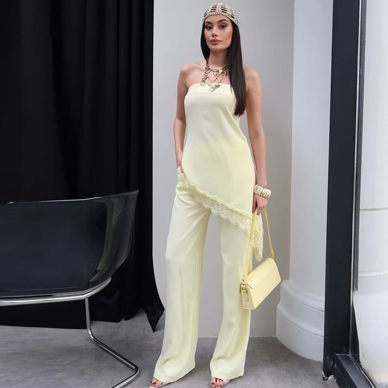 2026 New Export Style Women's Summer Light Yellow Lace Trim Strapless Elegant Two-Piece Set for Amazon Cross-Border Sales in Europe and America