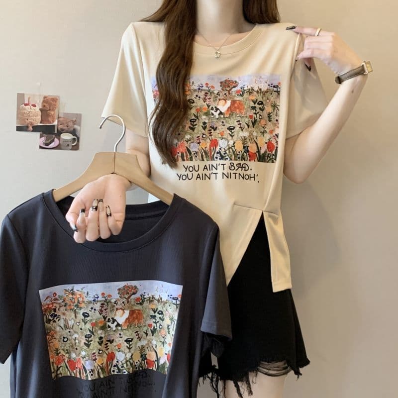 Cross-border Foreign Trade Summer Pure Cotton Short Sleeve T-Shirt Women Slit Streetwear Print Design Fashion Women's New Top