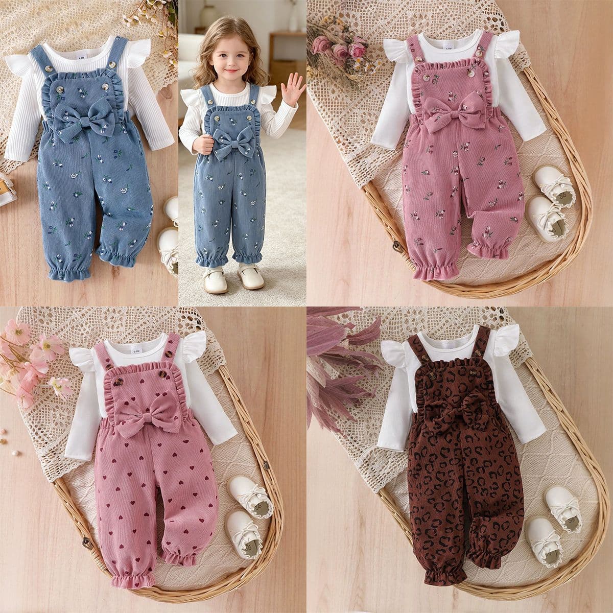 Ins Fresh Floral Corduroy Overall Pants with 3D Bow and Flutter Sleeve Ribbed Long Sleeve Two-Piece Set