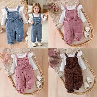 Ins Fresh Floral Corduroy Overall Pants with 3D Bow and Flutter Sleeve Ribbed Long Sleeve Two-Piece Set