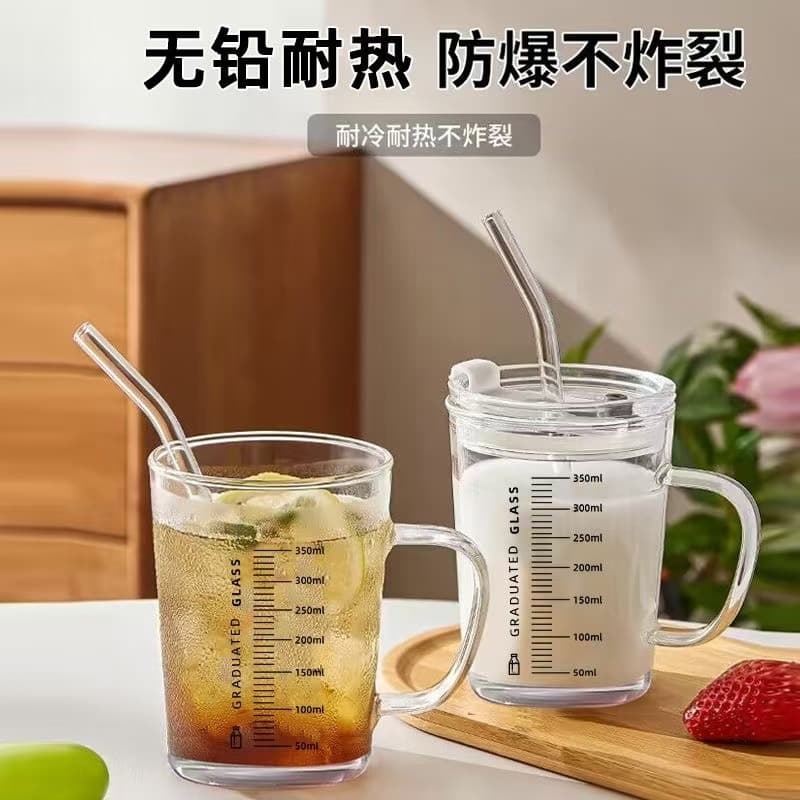 Children's Milk Cup with Measurement Marks, Transparent Glass Breakfast Oatmeal Cup, Microwave-Safe, Reheatable, Thickened Drinking Cup
