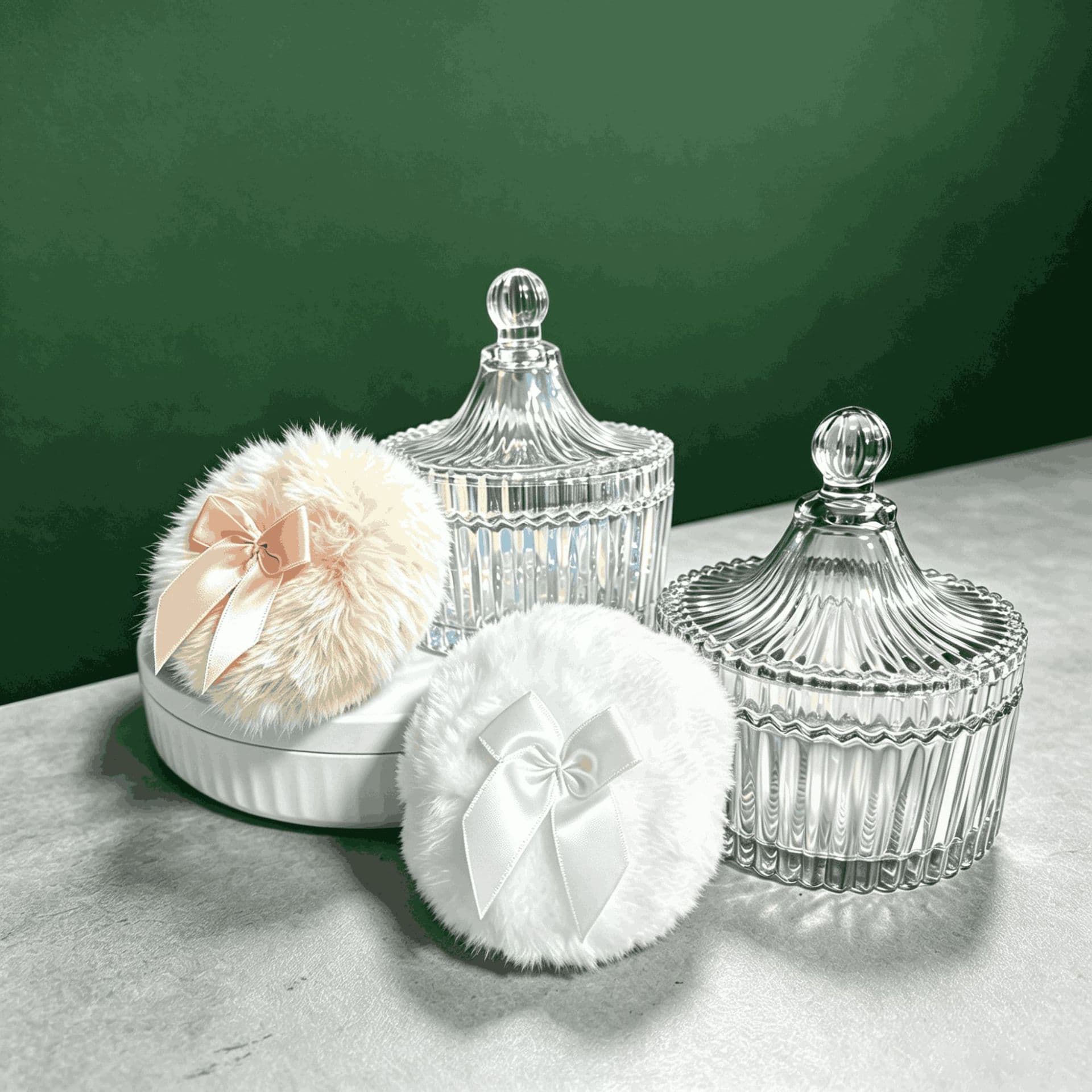 Bow-knot powder puff glass jar body powder puff loose powder puff makeup puff dry powder puff storage jar crystal glass storage