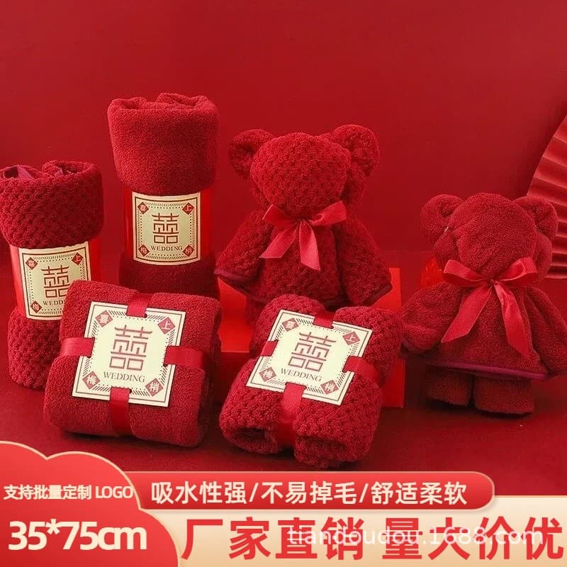 Wedding souvenir towel with happy words red towel wholesale engagement full moon return gift towel with happy words coral velvet towel
