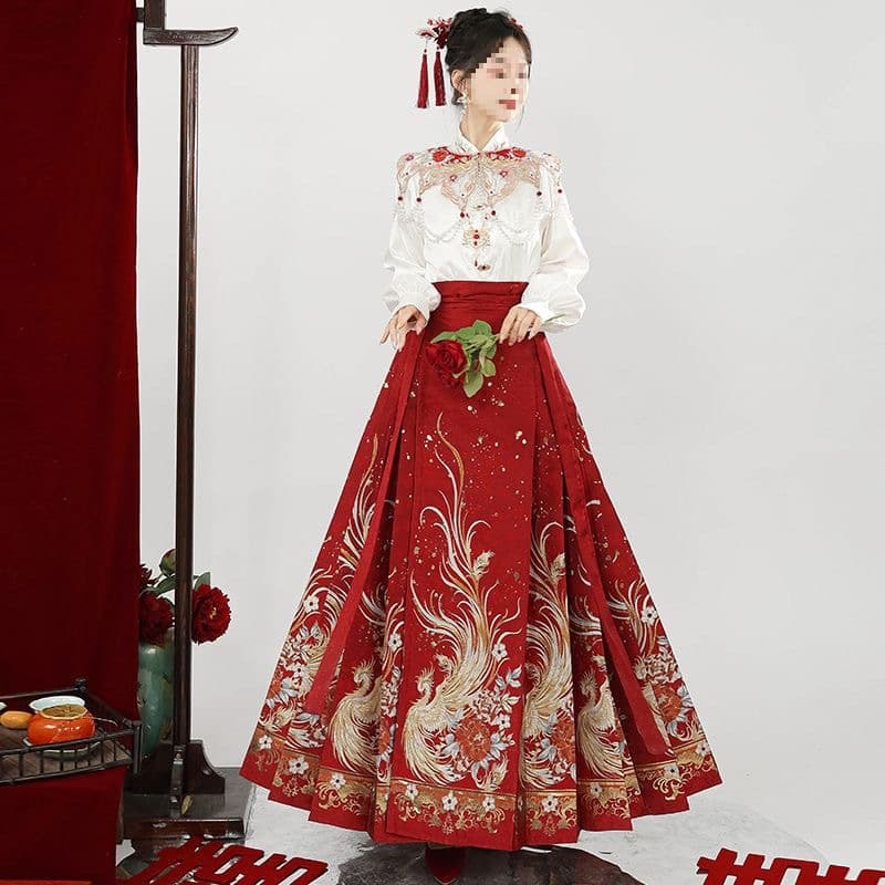 New Chinese Style National Hanfu Red Horse-Face Skirt Set New Plus Size for Bridesmaid Engagement Toast Dress