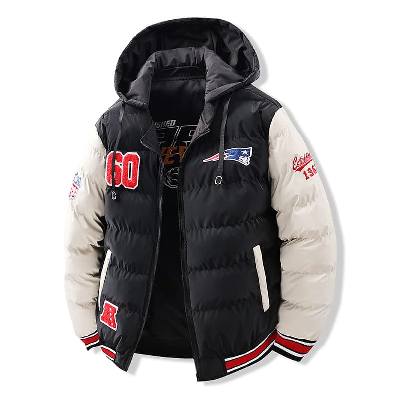 American Style Cotton Padded Jacket Cross-border Letter Embroidery Baseball Jacket Puffer Warm Trendy Unisex Student Coat Detachable Hood