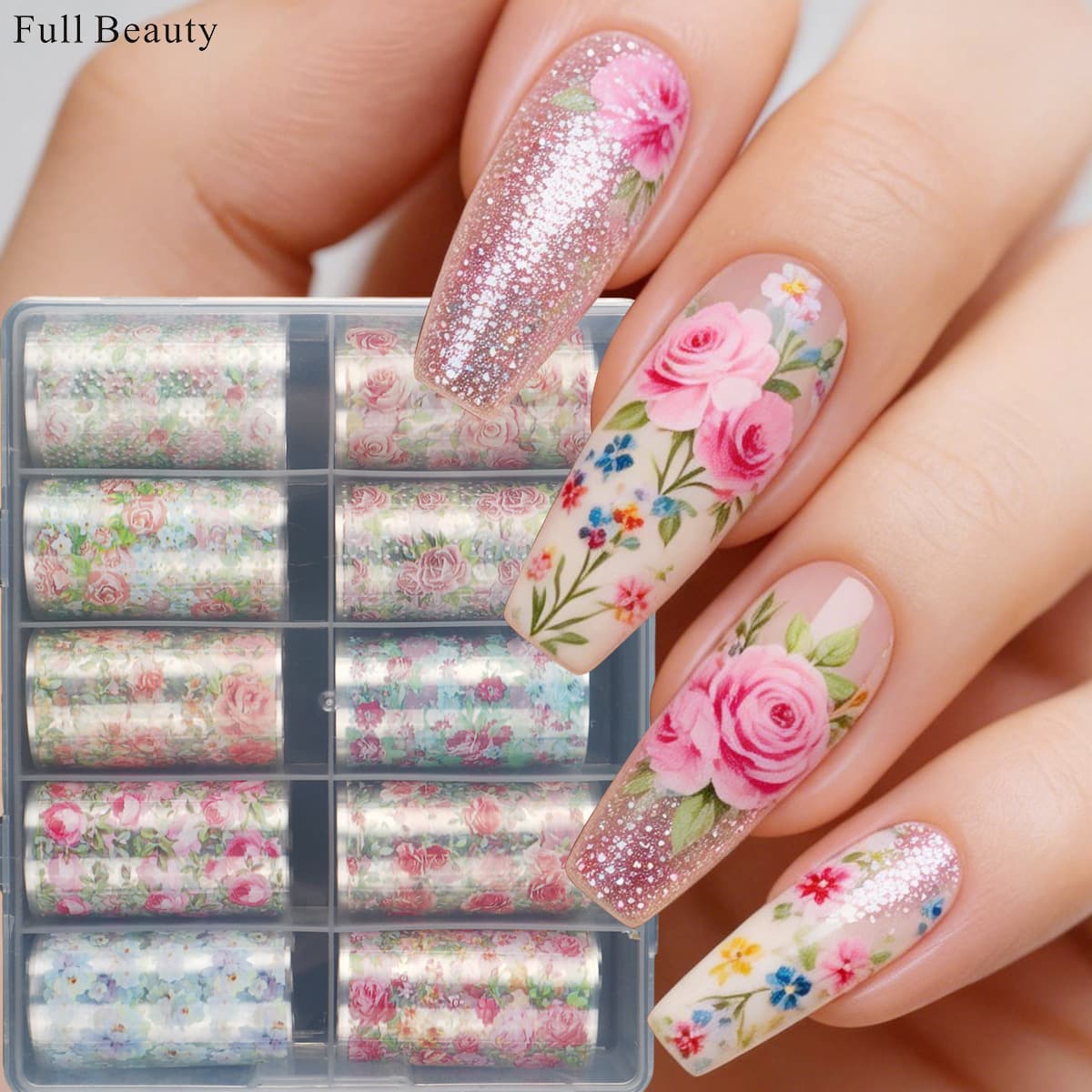 FULL BEAUTY cross-border manicure stickers rose flower nails starry sky manicure transfer paper boxed transfer stickers