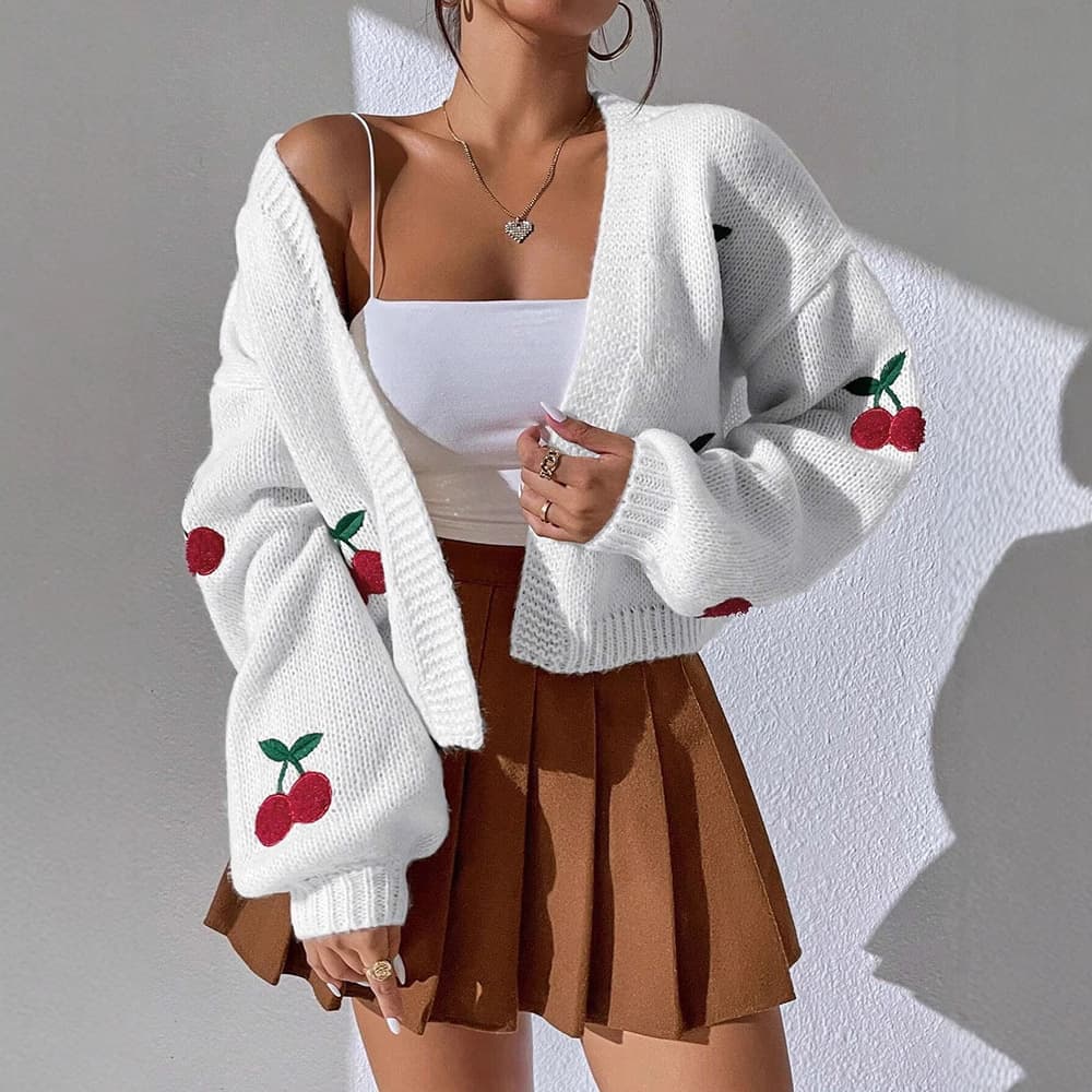 Cherry Embroidery Loose Knit Cardigan for Women Spring New Arrival Cute Style