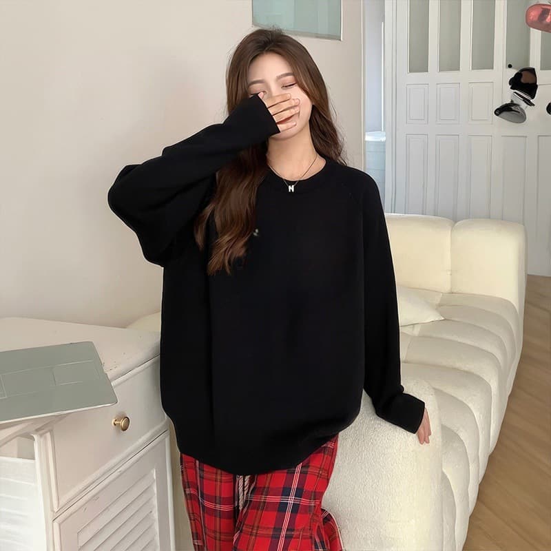 Women's Non-Fleece Sweatshirt, Hong Kong Style, Ins Style, Black, Slim-Fit, Round Neck, Long Sleeve T-Shirt, Loose Sweatshirt Inner Top