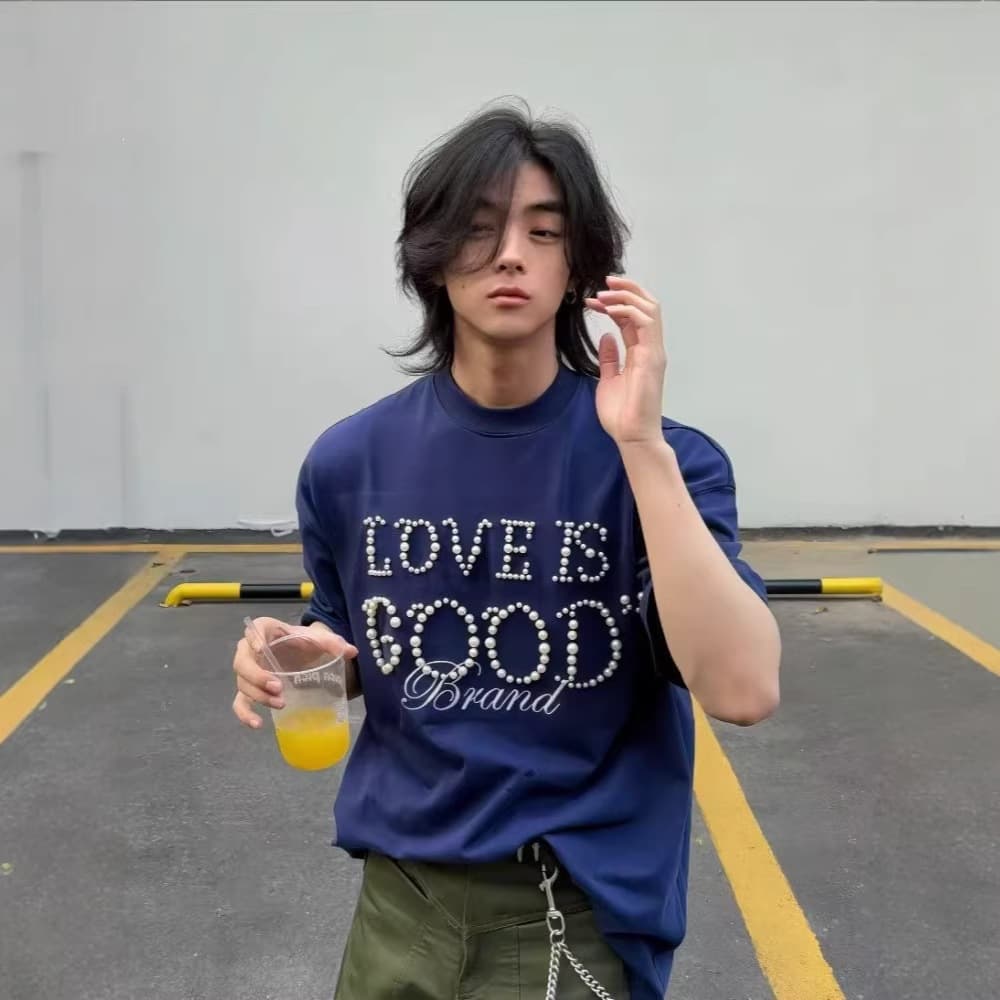 Premium LOVE IS GOOD Pearl Slogan Embroidered Short Sleeve T-Shirt Trendy Unisex Hot Style Crop Top