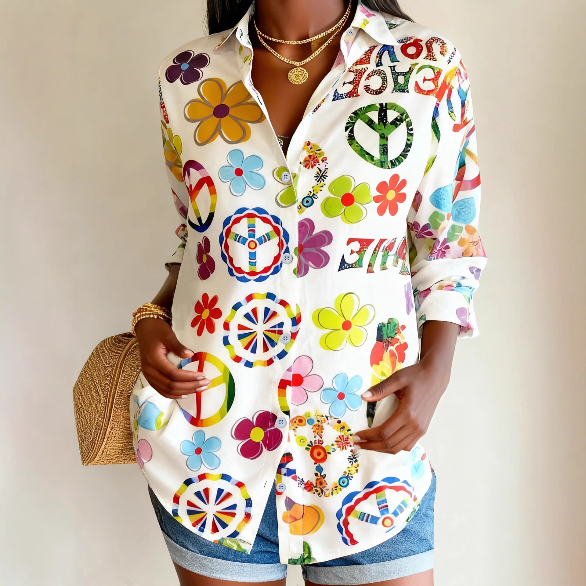 Retro style printed shirt, loose slimming lapel buttoned long-sleeved top, casual daily wear shirt