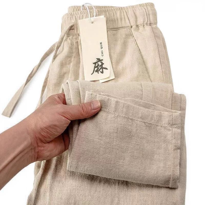 Casual Cotton Linen Men's Straight Leg Loose Fit Summer Thin Elastic Waist White Chinese Style Linen Lightweight Pants