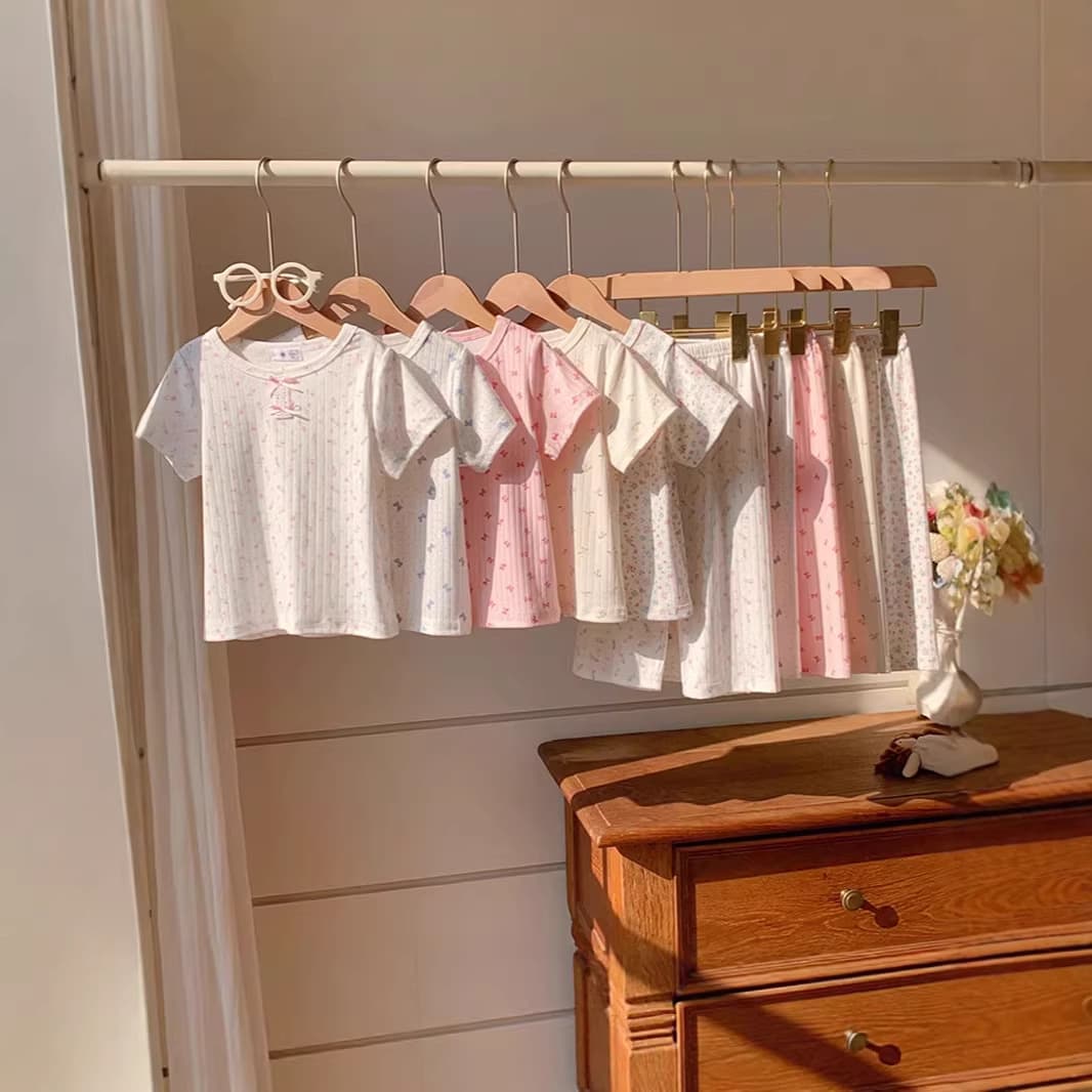 Summer Floral Baby Girl Two-Piece Set Air Conditioning Wear Cotton Pajamas Kids Underwear Set Thin Short Sleeve Homewear