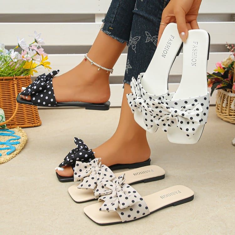 Women's Plus Size Low Heel Square Toe One-Strap Slippers 2026 Summer New Bow Polka Dot Slippers