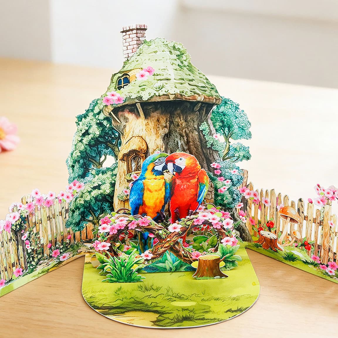 Cross-border best-selling parrot tree house 3D greeting card, garden scene 3D greeting card, tropical style universal holiday gift
