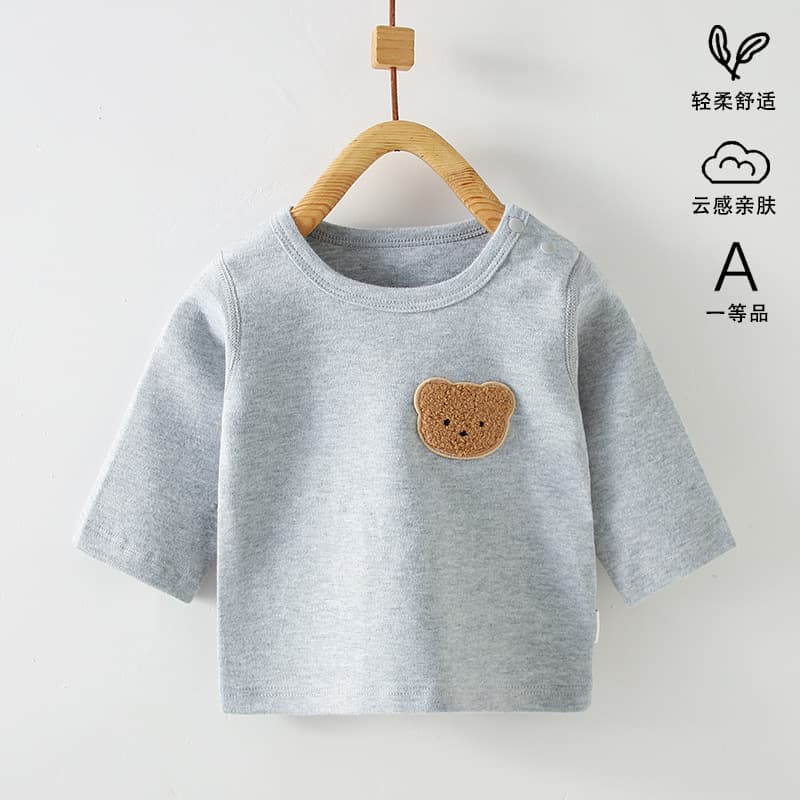 Children's Pure Cotton Long-Sleeve Top for Autumn and Spring, Baby Sleepwear with Round Neck and Shoulder Buttons