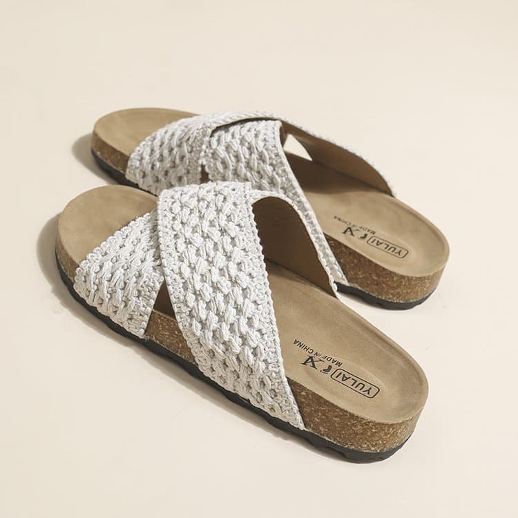 Cross-band Knitted Slippers for Women Summer 2025 New Retro Thick Sole Birkenstock Sandals Beach Vacation Slides