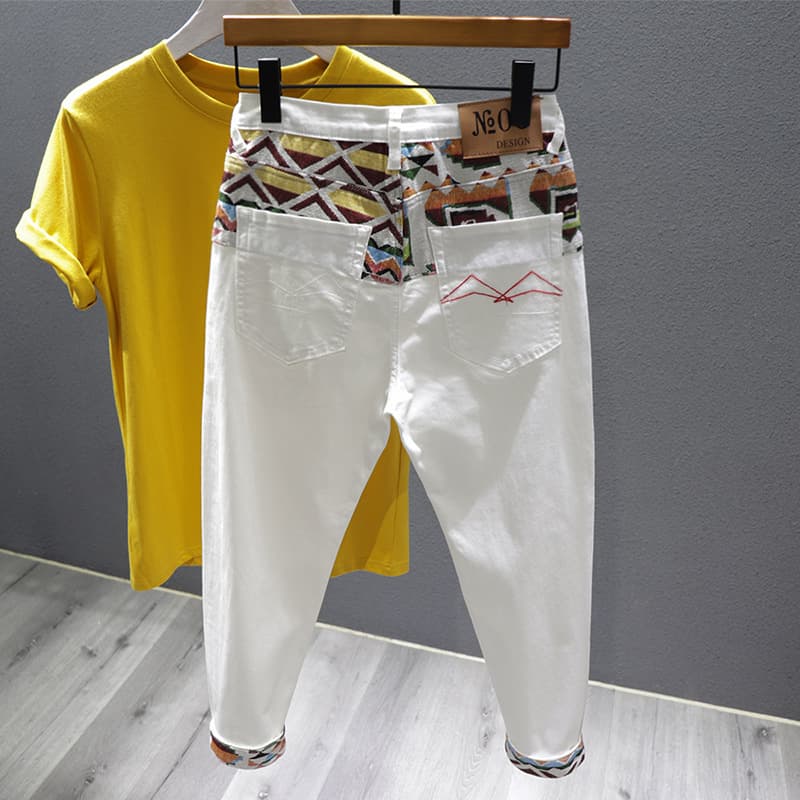 New Spring/Summer Men's Embroidered Patch Ripped Rolled Hem 9/10 Length Slim Fit Casual Jeans, Cool & Stylish