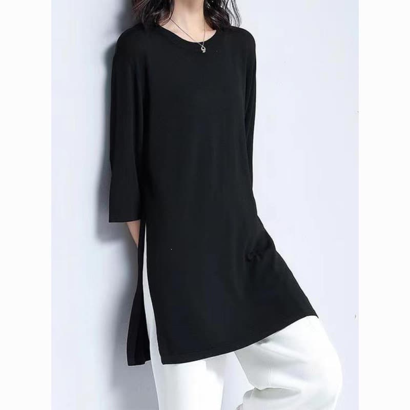 200 Jin Mid-Length Loose Seven-Sleeve T-Shirt Black Celebrity Influencer Korean Summer Solid Color Plus Size Women