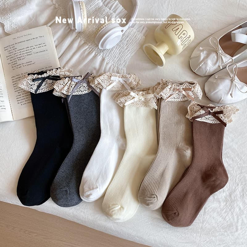 Women's Mid-Calf Cotton Socks Spring/Autumn Brown Bow Cute Japanese Retro Fabric Trim Autumn/Winter Layered Long Socks