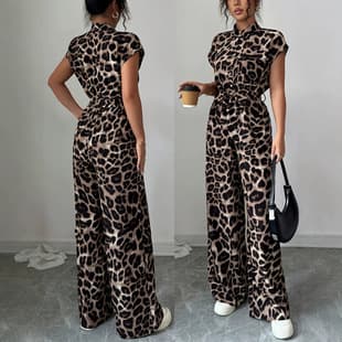 Elegant Leopard Print Stand Collar Short Sleeve Loose Jumpsuit with Front Opening Design, Summer High-End Style