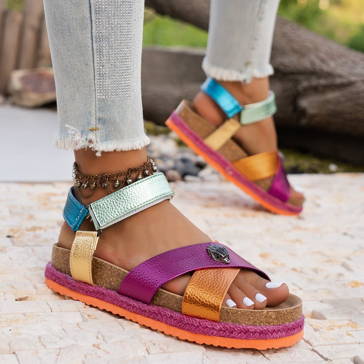 Foreign trade sandals summer women's flat non-slip wear-resistant Velcro slippers breathable outdoor thick sole comfortable wholesale