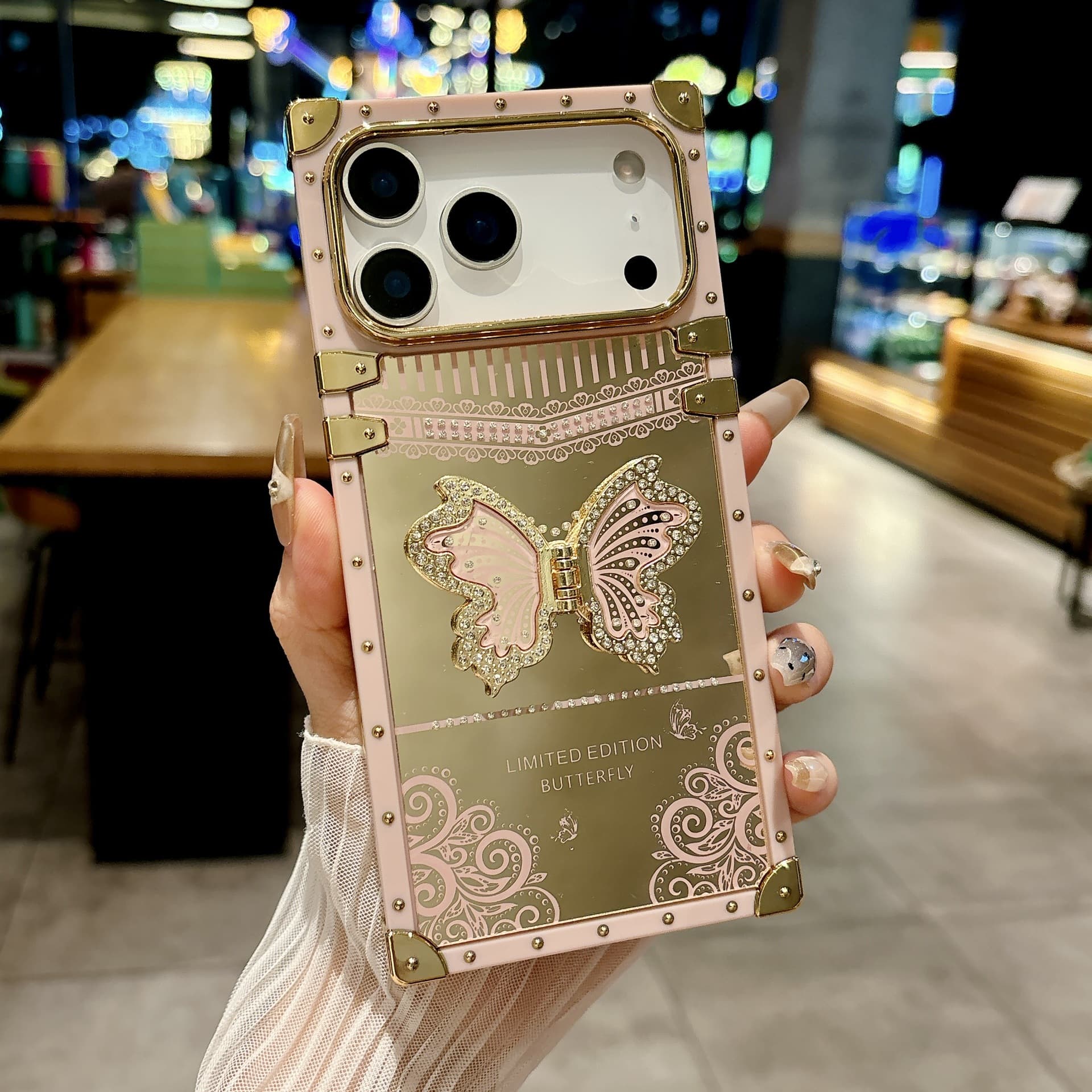 Compatible with Apple 17 Electroplated Diamond-Inlaid Mirror Phone Case iPhone 12 Gold-Plated Butterfly Stand Protective Cover Square