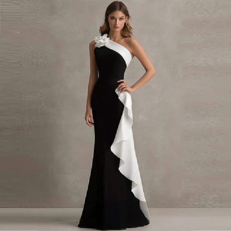 Fashionable one-shoulder evening dress black and white color matching slimming high-end dress French slim fishtail long dress design