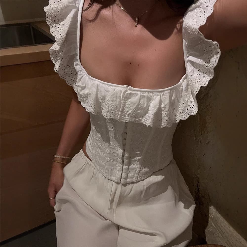 2025 new summer style French pure lust style fishbone slim slimming ruffled square neck scare away top