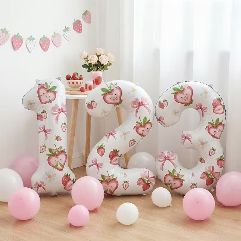 3-Piece Strawberry Theme Balloon Set 32-Inch Number Balloon Strawberry Sticker Pink Sweet Birthday Picnic Photo