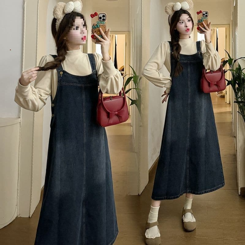Maternity Wear Two-Way Autumn and Winter Strapless Denim Dress Two-Piece Set with Camisole