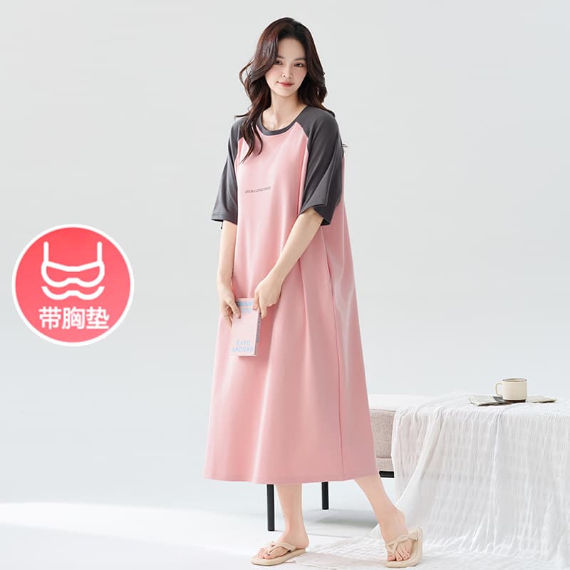 Lushi 7A Antibacterial Sleep Dress with Built-in Pads Women's Summer Cotton Short Sleeve Dress Casual Plus Size Homewear