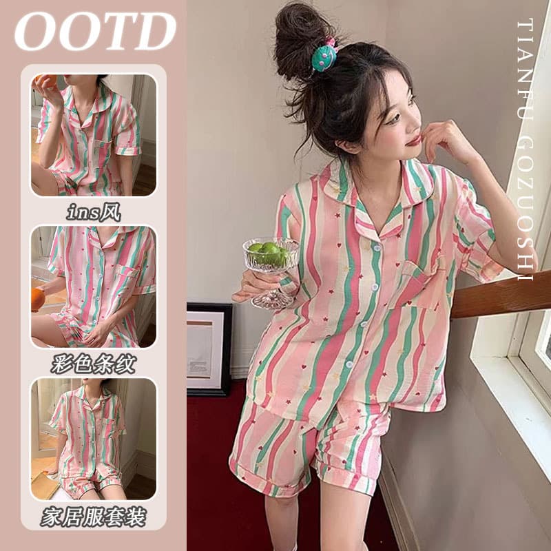 Women's Summer Woven Bubble Cotton Crepe Fabric Princess Style Cute Short Sleeve Thin Homewear Set