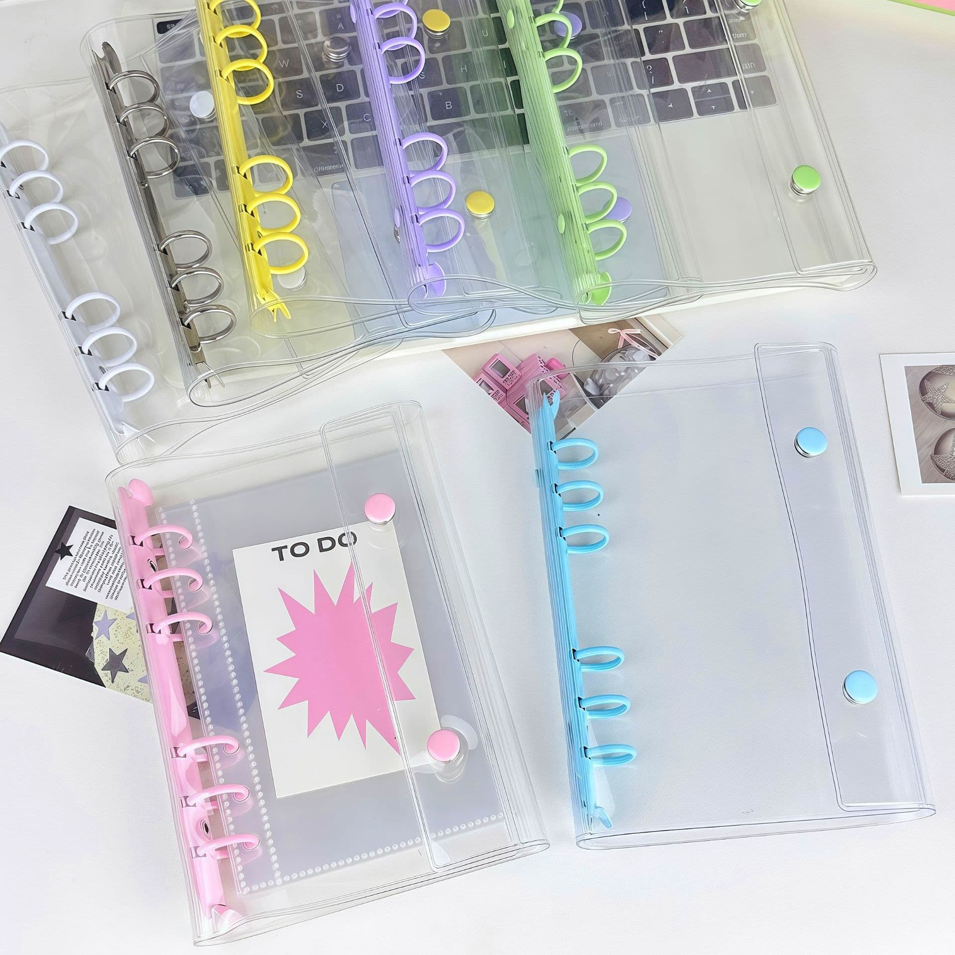 Tri-fold A6 Dual Buckle Colorful PVC Loose-Leaf Transparent Soft Shell Photo Album Notebook 6-Hole Polaroid Storage Idol Card