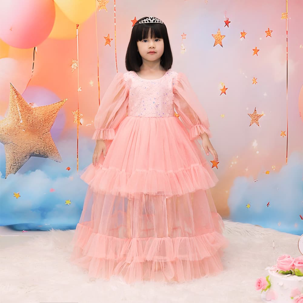 AliExpress Girls Evening Dress Kids Long Sleeve Hollow Mesh Tulle Princess Ball Gown for Little Girls Birthday Party Dress