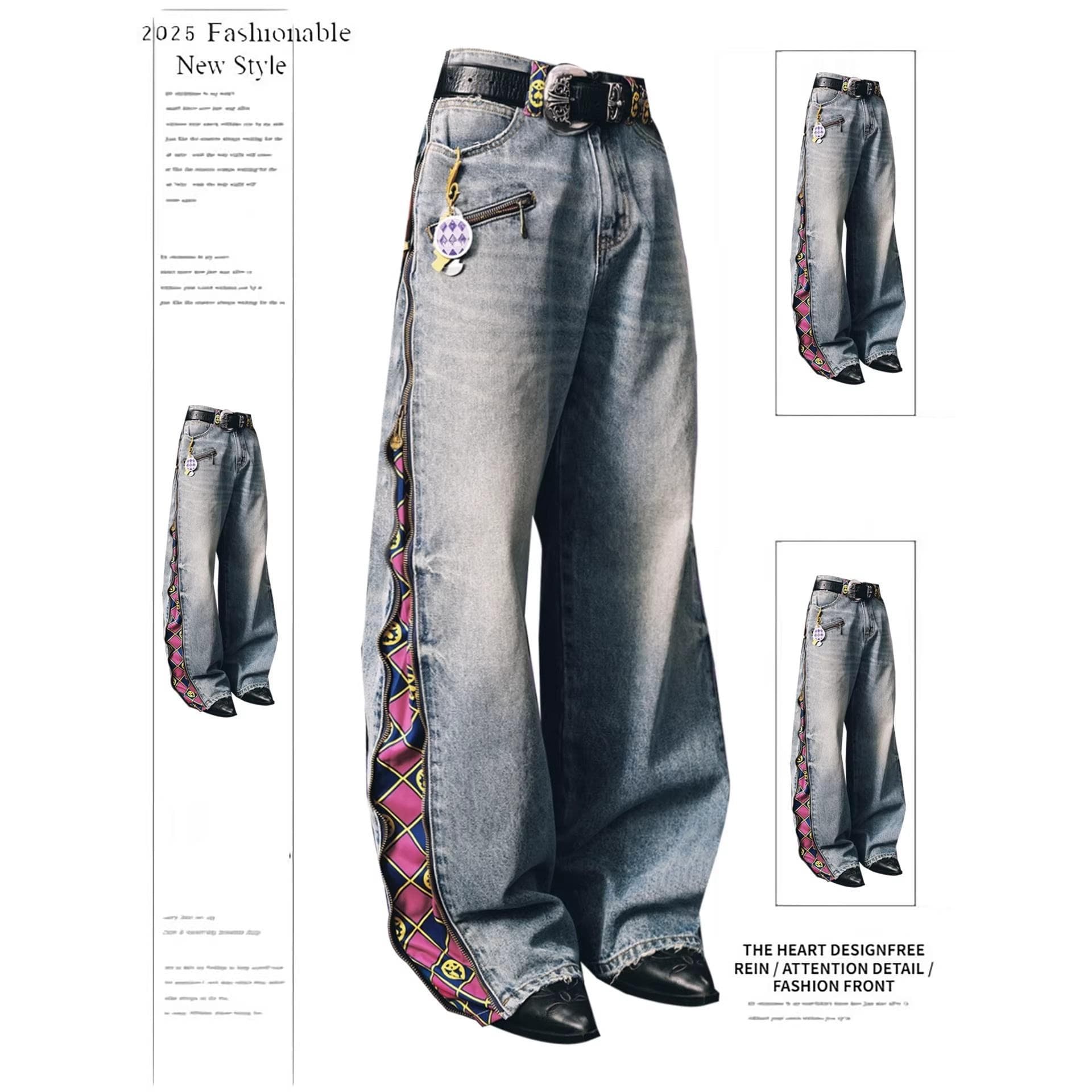 American Retro Zip Detail Jeans for Men Autumn/Winter New Design High Street Loose Wide Leg Pants Floor-Length Trousers