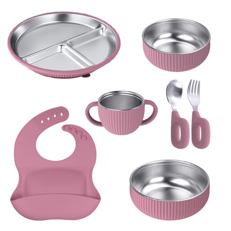 Factory direct sales stainless steel silicone children's tableware silicone plate bowl fork spoon bib tableware baby tableware set