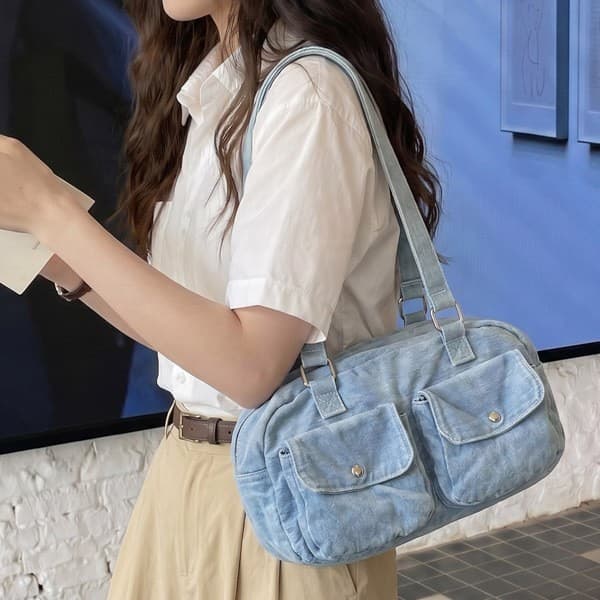Light blue Ting'an soft folded armpit bag for ladies, Korean style fresh style work, daily commuting and travel cross-body bag